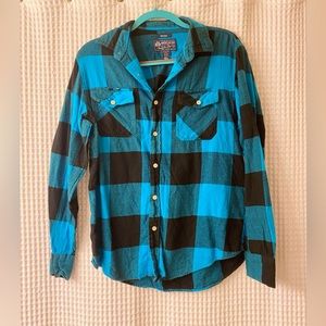 Blue and black, long sleeved flannel.
